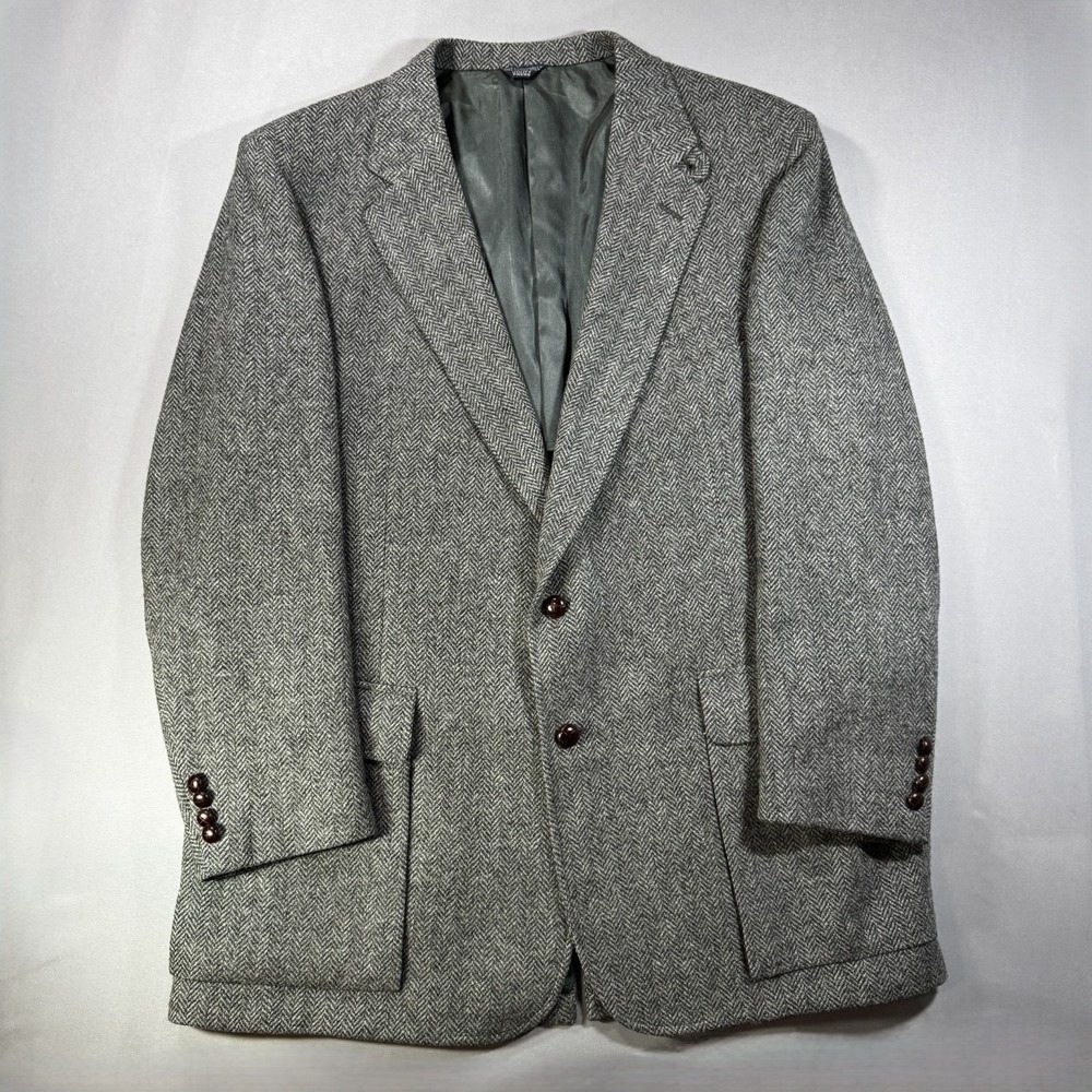 Cricketeer Mens Gray Herringbone Wool Sport Coat Blazer Vintage Union Made 44R